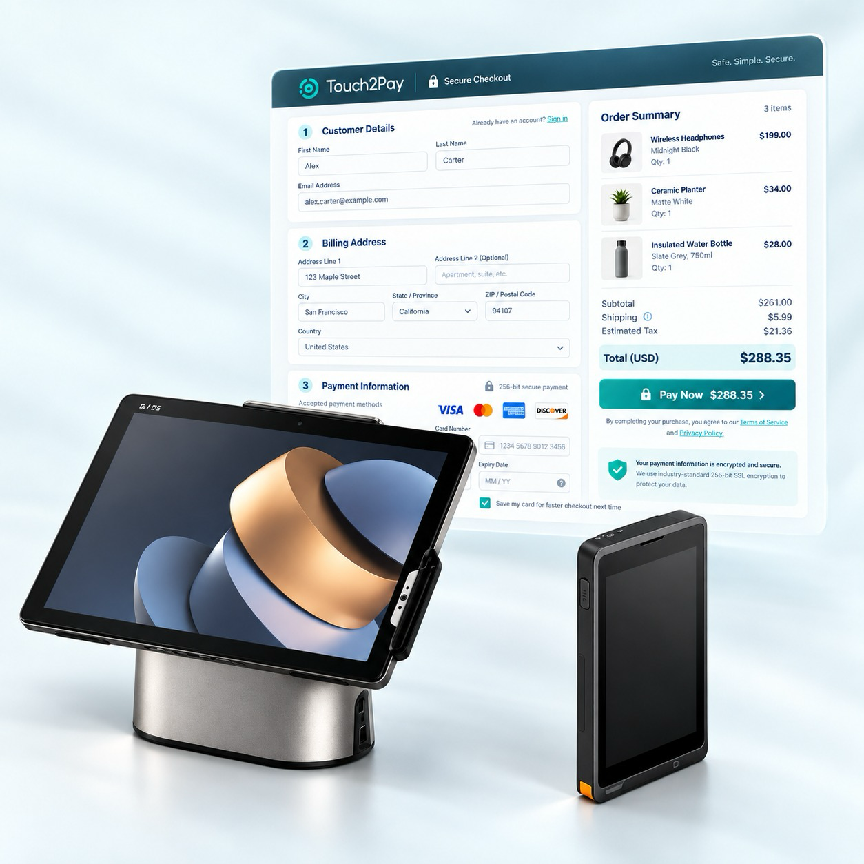 Payment terminals alongside a Touch2Pay online checkout illustration