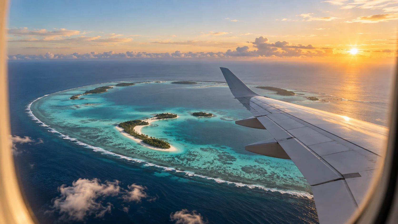 An aircraft-window view over a turquoise tropical atoll at sunset