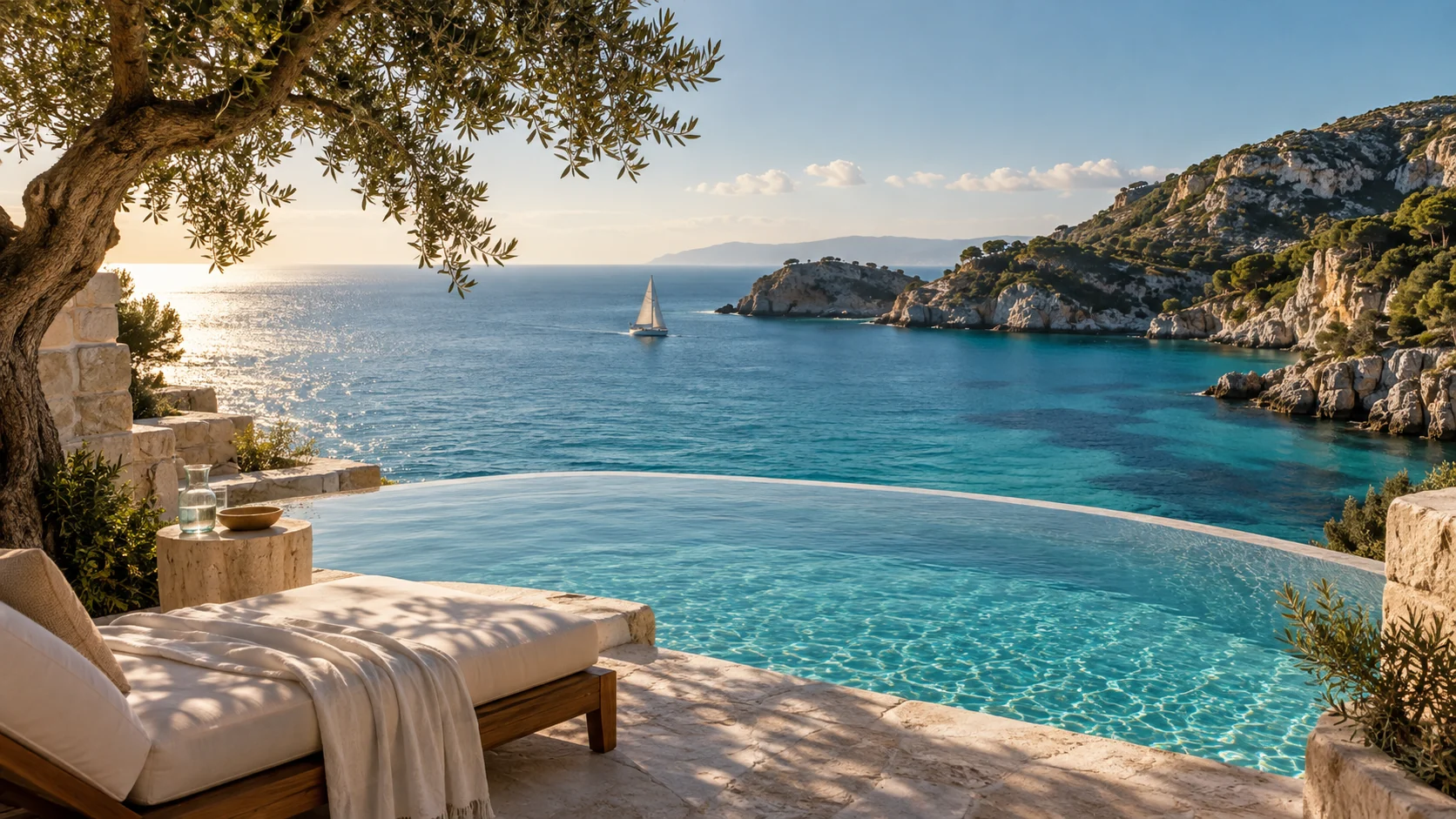 A sunlit pool terrace overlooking a turquoise coastal cove