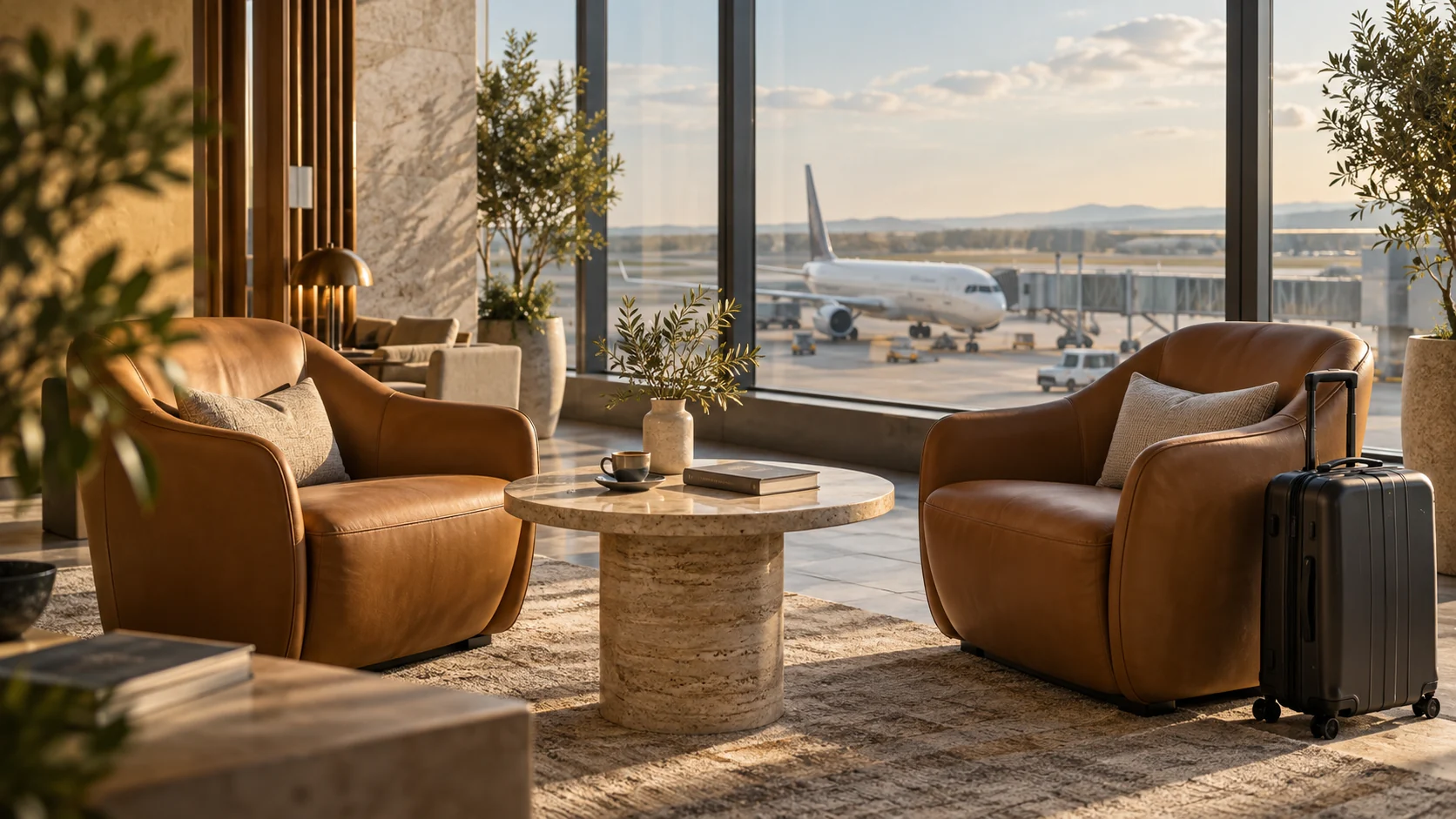 A quiet airport lounge with leather armchairs overlooking an aircraft