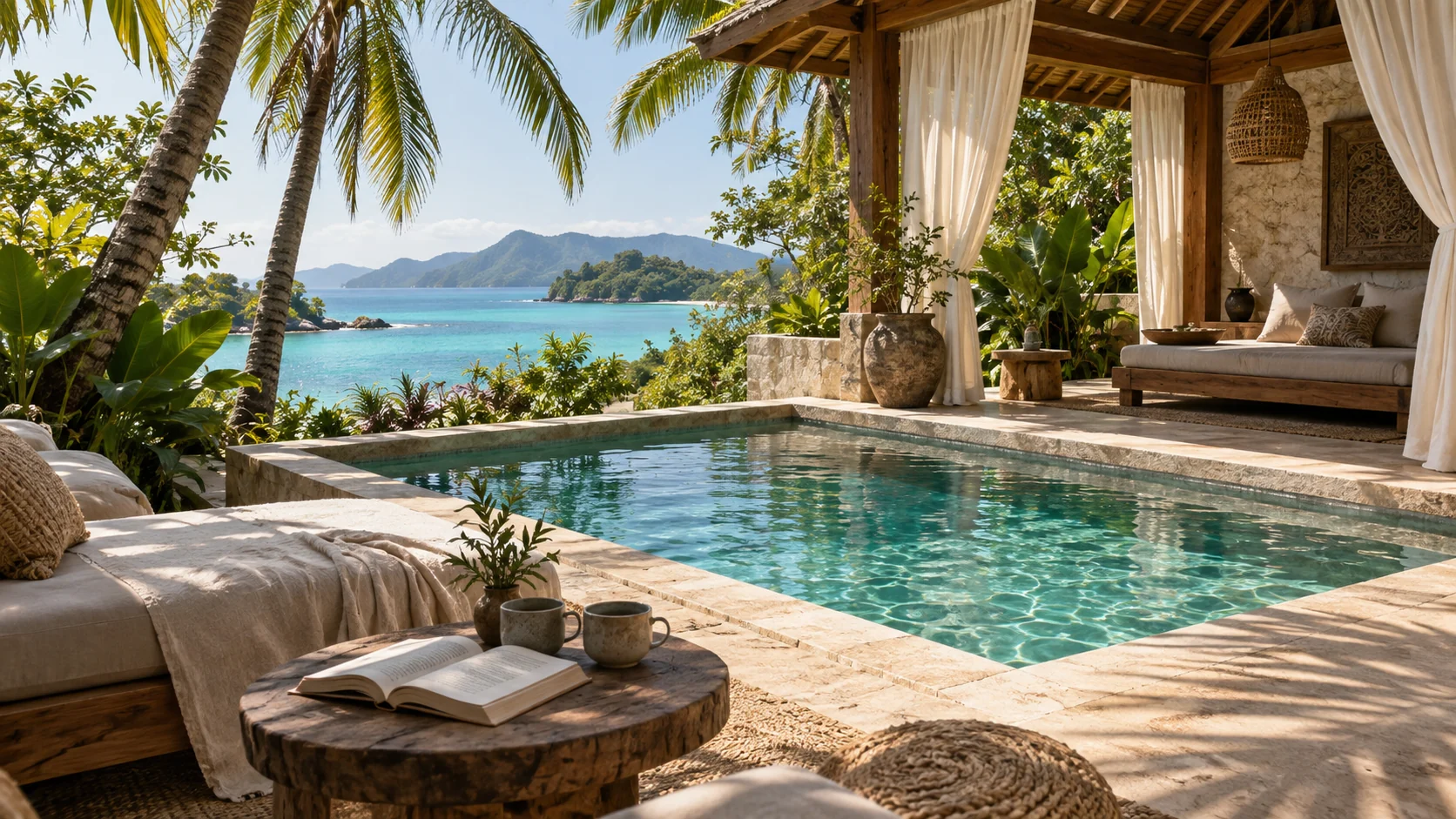 A secluded tropical villa with a private plunge pool and lagoon views