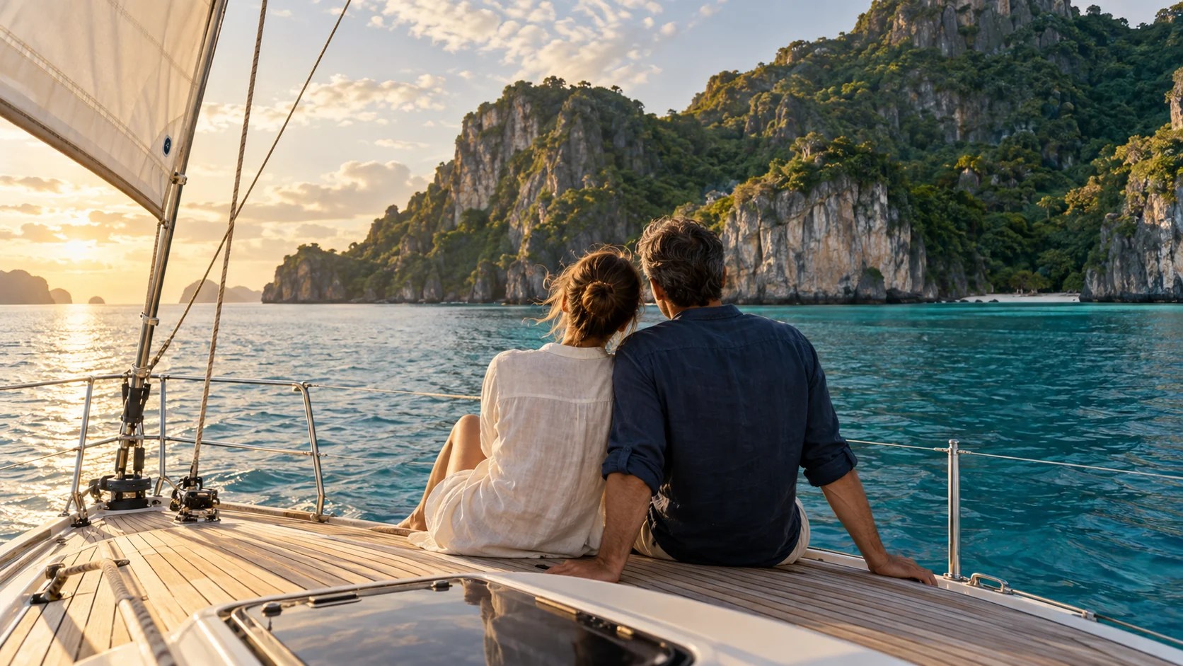 Two travellers sharing a quiet sailing escape beside a tropical island